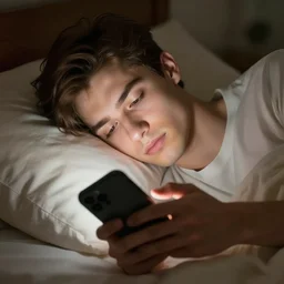 Man in a bad, half asleep blinded by smartphone