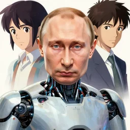 portrait of vladimir putin as a robot, cybernetic enhancements, art by makoto shinkai and alan bean, yukito kishiro