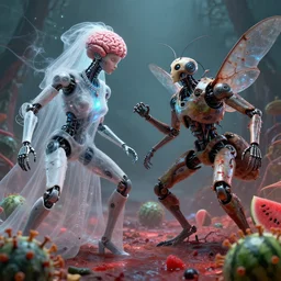 by artgerm and agostino arrivabene, visually stunning, cinematic, ultra realistic, hyper realism, 1 2 k, epic, octane render, unreal engine, vfx, maya, robot with no brains, ghostly bride necklace, cyborg insectoid creature, brain box, compelled duel, gifted aetherborn, call the prime land from the yeast, virus - laden watermelon