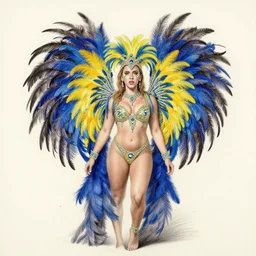 symmetrical, scarlett johansson, wearing brazilian carnival feathers outfit, eyes and irises drawn by jose vergara, wide angle lens, full body profile, splash of colour, ultimate portrait painting, pencil and ink, charcoal, ultrafine design, ultimate perfect, greg rutkowski, wide angle lens, hyperrealism, realistic lighting
