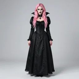 [ a [ vampiric ]! woman with pink hair and goth makeup! ]! posing in a [ medieval black dress ]!, standing in front of a [ blurred background ], trending on [ artstation ], digital art, fred arsenault, 4 k, contest winner, award winning, zbrush!, 3 d render, golden ratio, centered!