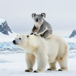 A koala riding on a bear on the glaciers of Antarctica.