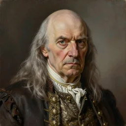 portrait painting of an arrogant balding old man with long grey hair wearing worn noble clothes, sharp focus, award - winning, trending on artstation, masterpiece, highly detailed, intricate. art by rebecca guay