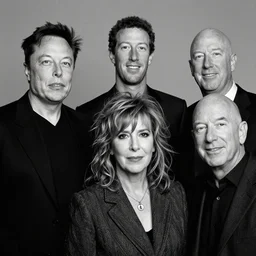 a world press photo winner hasselblad medium format group - photo of elon musk, zuckerberg and bezos, as a 1 9 6 0's rockband by anne leibovitz
