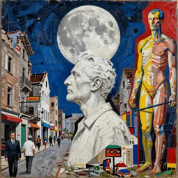 decollage decontructed painting old white - headed man under the huge moon on a street of ruined city by adrian ghenie and takato yamamoto and austin osman spare and edward hopper and mark ryden and tsutomu nihei, very coherent, hyper realism, very fine details, baroque elements, perfect anatomy, intricate design. pop art. vivd colors.