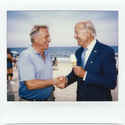 candid polaroid of Jeffery Epstein! shaking hands with Joe Biden!, real, at beach. Smiling, holding ice cream.