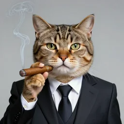 a photo of an antropomorphic cat wearing a suit smoking a cigar
