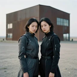 cinestill 5 0 d photographic portrait of two loving clones, techwear women on a desolate plain, a brutalist metal building in the background, depth of field, 4 k, 8 k, hd, full color