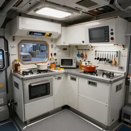 a fully equipped kitchen in a spaceship