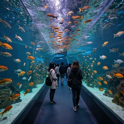 people observing lots of beautiful fish in an underground aquarium corridor, in the style of john stephens, fantasy art, ray tracing, water droplets, highly detailed, artstation trend, highly detailed and intricate, sharp focus, photography, unreal engine 5
