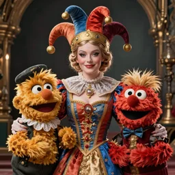detailed ultrarealistic photography medium shot of fantasy jester queen and furry muppet puppet, sesame street, leyendecker, norman rockwell, ian miller, artstation cinematic, vray game of thrones, lord of the rings, star wars