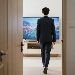 a man in a suit wearing a tv while walking, front door camera