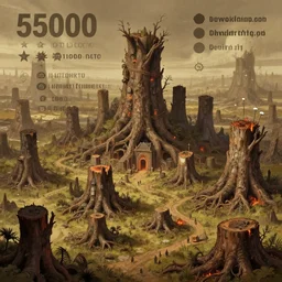 Digital art of an tree stump civilization in the style of Greg Rutkowski. Tree stump city born from the ashes, trending on artstation, 5000 deviantart favorites. World renowned famous artists. Worth1000.net