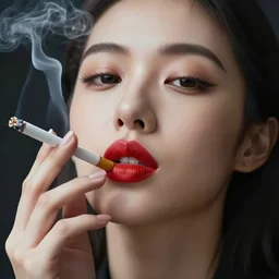 woman smoking a cigarette, ( red lipstick ), lips on cigarette, puckering, smoke, close up