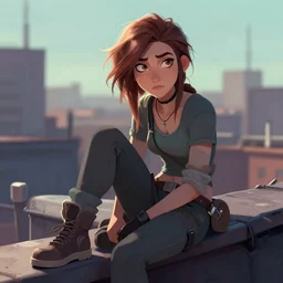 digital artwork of tracer sitting on a rooftop, in the style of artgerm, detailed face, expressive face, feminine face, detailed eyes, - n 9