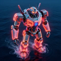 a professional photographic view picture of a giant neon robot coming out of the dark ocean ,photographic filter unreal engine 5 realistic hyperdetailed 8k ultradetail cinematic concept art volumetric lighting, fantasy artwork, very beautiful scenery, very realistic painting effect, hd, hdr, cinematic 4k wallpaper, 8k, ultra detailed, high resolution, artstation trending on artstation in the style of Albert Dros glowing rich colors powerful imagery nasa footage drone footage drone photography