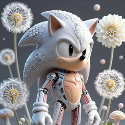 intricate hyper detailed ultra sharp 3 d render of sonic the hedgehog medium shot portrait, kymberly rorick style, 1 5 0 mm, global illumination, radiant light, biomechanical cyborg white large pore fungi, cyberpunk art nouveau large haute couture white dahlia transparent fractal dandelion flowers yellow pistil anatomical, flesh ornate facial muscles, cable wires, elegant, hyper realistic, ultra detailed, octane render, volumetric cinematic lighting, 8 k postproduction