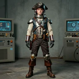 ( ( ( ( ( 2 0 5 0 s retro future 1 0 old boy super scientest pose in space pirate mechanics costume full portrait. muted colors. ) ) ) ) ) by jean - baptiste monge, tom lovell!!!!!!!!!!!!!!!!!!!!!!!!!!!!!!