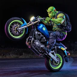 psychedelic blacklight airbrush artwork, hyperrealistic motorcycle, hyper stylized action shot of an orc biker riding a motorcycle doing a wheelie, clear focused details, soft airbrushed artwork, black background, cgsociety, artstation