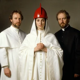 portrait of a priestess, wearing all - white clothes, and a red helmet, by gerald brom, donato giancola, and berthold woltze.