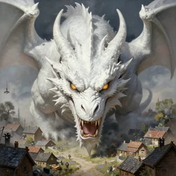 the head of an evil white dragon attacking a village, by Tony Sart, detailed, realistic, masterpiece, symmetrical