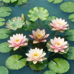 variegated waterlily hybrid plants stylized warhammer 4 0 k, cyber japan style, flowery, waterlily scifi pond, jeff koons sculpted, highly detailed, artstation, bandai box art, moebius, jugendstil, marliac, beeple, jean delville, peter max, rene magritte