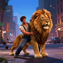 a film still from island of doctor moreau 1 9 9 6 by ashley wood, an urban drug - addicted male turns into a lion, vibrant, 5 0 mm lens, video game character and environment design, behance hd, studio, urban patrol, evening, dramatic lighting, cinematic, global illumination, trending on artstation, bloom