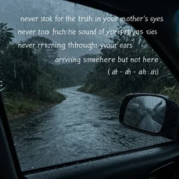 never stop the car on a drive in the dark never look for the truth in your mother's eyes never trust the sound of rain upon a river rushing through your ears ( ah - ah - ah - ah ) arriving somewhere but not here did you imagine the final sound as a gun? or the smashing windscreen of the car? did you ever imagine the last thing you'd hear as