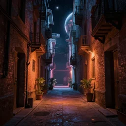 a professional photographic view picture of a alley in space, photographic filter unreal engine 5 realistic hyperdetailed 8 k ultradetail cinematic concept art volumetric lighting, very beautiful scenery, very realistic effect, hd, hdr, cinematic 4 k wallpaper, 8 k, sharp focus, octane render, ultra detailed, high resolution, artstation trending on artstation in the style of albert dros glowing rich colors powerful imagery