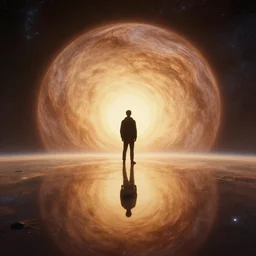 symmetry!! landscape of a silhouette man standing on neptune, looking out into the vastness of space, digital art, art by artgerm greg rutkowski and andreas rocha, cinematic lighting, highly detailed, warm colours, 8 k
