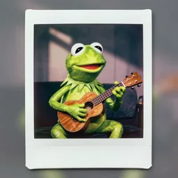 Kermit the frog playing ukulele, polaroid photo, instax, white frame, by Warhol,