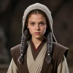 star wars portrait of a woman by greg rutkowski, hybrid between twi'lek and human, young jedi knight, pretty round face, wool cap, she is about 2 0 years old, wearing jedi robes, arstation hq.