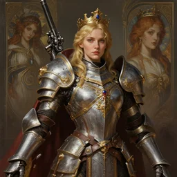 portrait of imogen poots as a warhammer paladin, with gun by sasha tudvaseva, deep focus, intricate, elegant, regal, highly detailed, digital painting, artstation, concept art, matte, sharp focus, illustration, warhammer, fantasy, hearthstone, art by artgerm and greg rutkowski and alphonse mucha