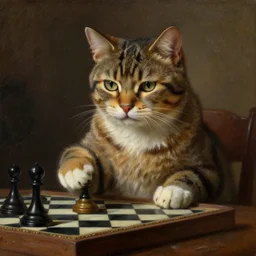 cat playing chess looking wise, rococo oil painting, highly detailed