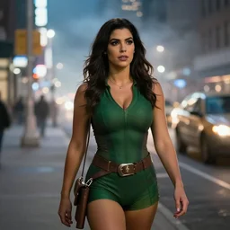 Jessica Nigri as She Hulk on the street in New York City at night, Lights are on down the street, light fog in the backround, cinematic, realistic, detailed
