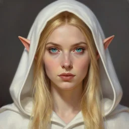 a head - on detailed oil portrait of a distinguished elf woman wearing a white hood, long blonde hairs and bright irises, by greg rutkowski, trending on artstation, dungeon and dragons art, l critical role