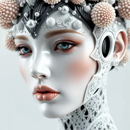 complex 3 d render hyper detailed ultra sharp futuristic biomechanical humanoid woman with beautiful porcelain face, medium shot portrait, close - up, iris van herpen cyberpunk haute couture filigree lace, rhizomorph finials spires, brackets, fractal puffballs, elegant lace haute couture broad embroidered, octane render, 8 k