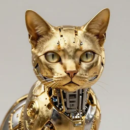 gold and silver tones, cybernetic cat, style of moebius, james jean, rutkowski, cinematic, high detail, award winning, 8 k photorealistic