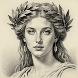 pencil drawing of the beautiful greek goddess aphrodite wearing a laurel wreath with arrowhead earrings, piercing eyes, beautiful flowing hair, hyper realistic face, in the style of greg rutkowski, fantasy, amazing detail, epic, elegant, smooth, sharp focus