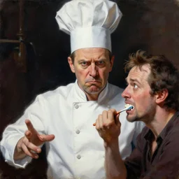 an insanely detailed painting of bill burr wearing a chef costume, staring nervously at a drunk guy brushing his teeth, in the style of peter mohrbacher, dramatic lighting and composition, trending on artstation, concept art, comic book