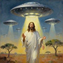 many UFOs hovering over an African Jesus, painting by Hsiao-Ron Cheng,