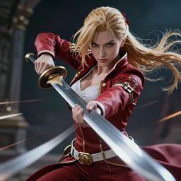 dslr, beautiful erza scarlet fighting with a sword, real photo, real camera, extreme detailed face and body, high quality, moody lighting, fast paced lines, sharp quality, enchanting, 8 k