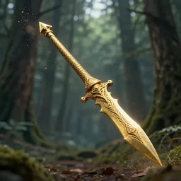 the glaive from krull, a large golden ornate magical shuriken, flies thru a ancient forest leaving a trail of particles, the glaive is in sharp focus but the background is blurred