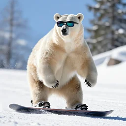 a bear snow boarding with sunglasses