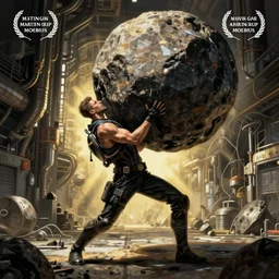 cyberpunk man lifing a massive boulder, Industrial Scifi, detailed illustration, Chiaroscuro, concept art, by Martin Grip and Moebius