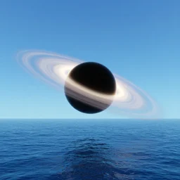 A black hole with a glowing accretion disk, viewed from the surface of a blue ocean planet, sparse mountains on the horizon, clouds, light fog, dramatic lighting, stunning, detailed, art by Jessica Rossier