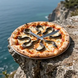 pizza topped with live snakes and knives served on the edge of a towering cliff