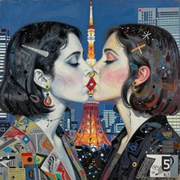 beautiful painting of two bizarre psychedelic women kissing each other closeup in tokyo in winter, speculative evolution, mixed media collage by basquiat and junji ito, magazine collage art, paper collage art, sapphic art, lesbian art