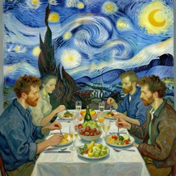 a group of friends having lunch, van Gogh style