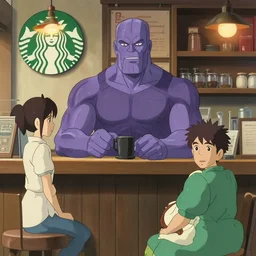 thanos working at starbucks by makoto shinkai and ruan jia and studio ghibli